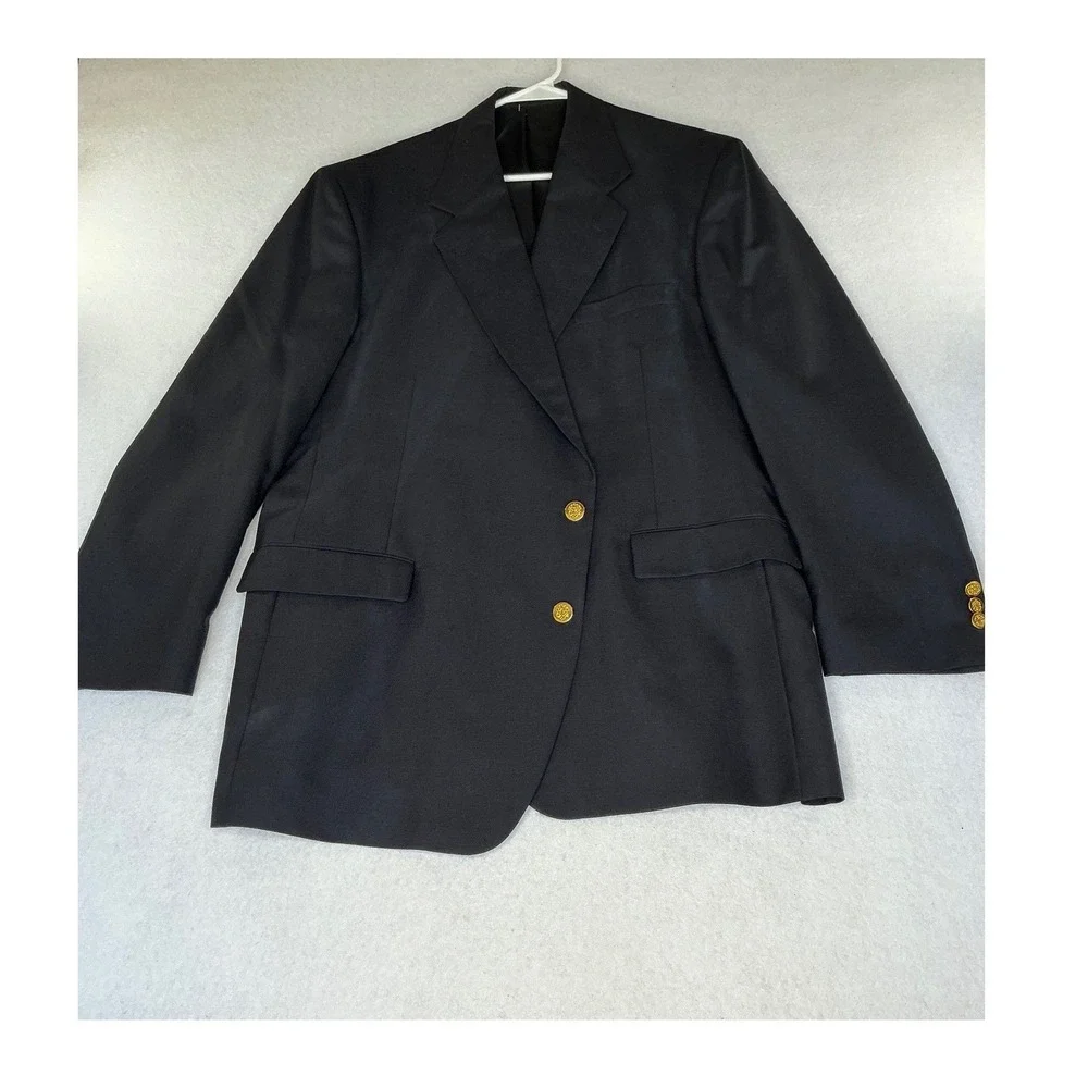 Botany 500 Blazer Men 48L Navy Blue Gold Crest Buttons Made in USA Vintage